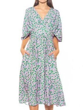 Alexia Admor August Floral Midi Dress 8 Purple Green V Neck Puff Sleeve Romantic